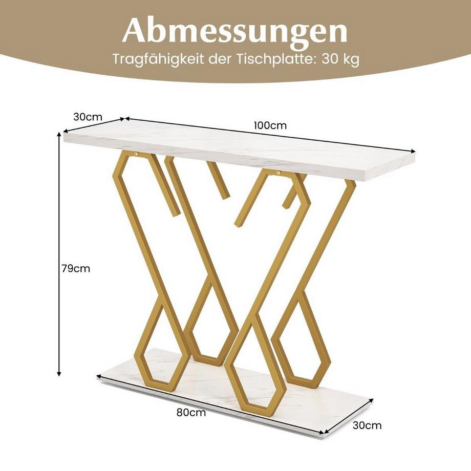 Northix Konsolentisch aus Kunstmarmor Foyertisch mit Verstellbaren Fußpolstern Weiß und Gold  