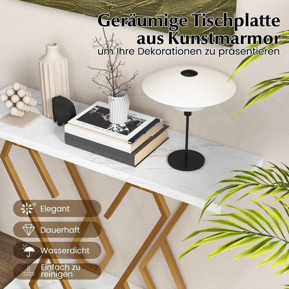 Northix Konsolentisch aus Kunstmarmor Foyertisch mit Verstellbaren Fußpolstern Weiß und Gold  