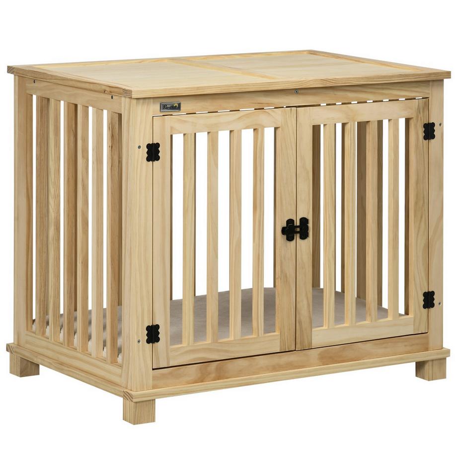 Northio  Cage Pour Chien, Cage En Bois Pour Animaux De Compagnie, Cage Pour Chiens De Taille Moyenne, Niche Pour Chien Avec Coussin, Niche Pour Chien, Bois Naturel + Blanc Crème, 82,5 X 57 X 72 Cm 