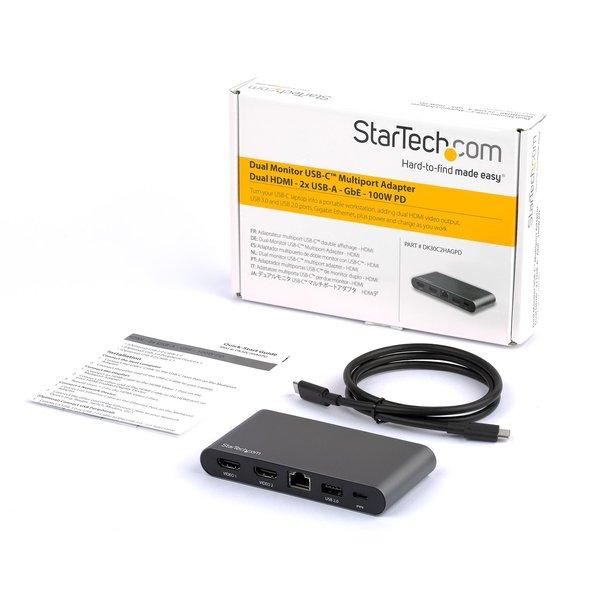 STARTECH.COM  Dock USB C - Station d'Accueil USB-C à Double Écran 4K HDMI - 100 W Power Delivery Pass-through, GbE, 2 USB A - Mini Hub Type C - Adaptateur Multiport pour PC Portable 