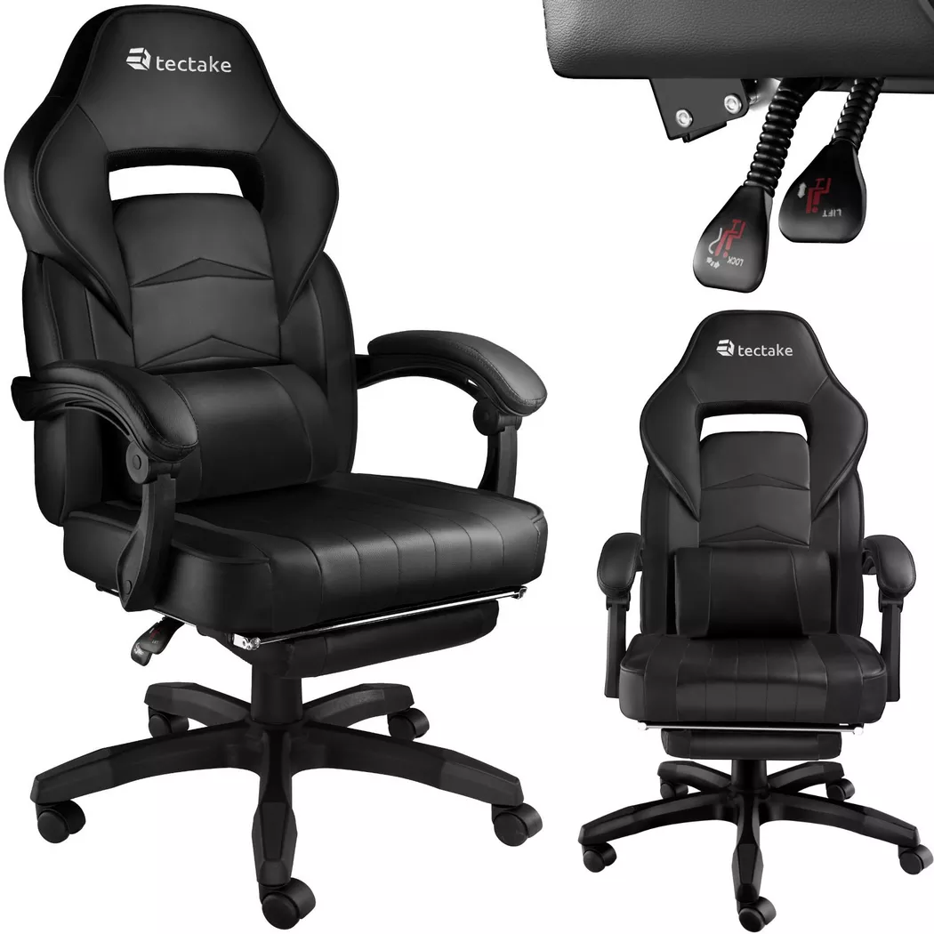 Tectake – Racing Bürostuhl Comodo mit Fussstütze, Schwarz Bedruckt, 70 CM
