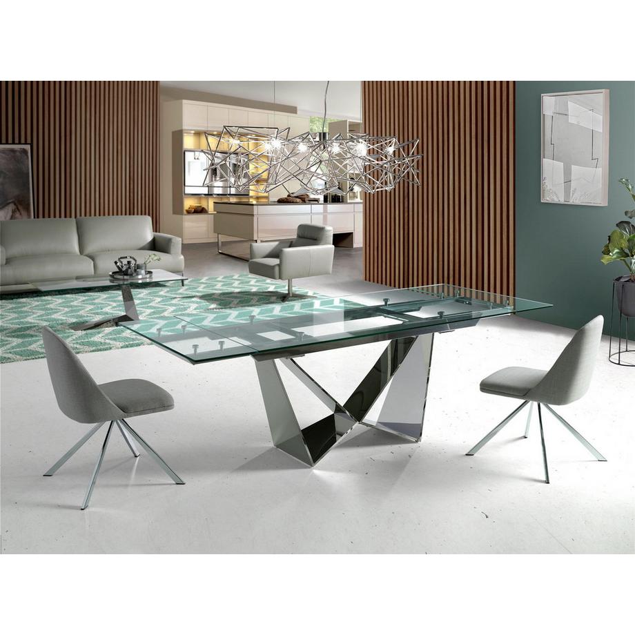 ANGEL CERDA Table à manger à rallonge rectangulaire verre trempé et acier chromé  