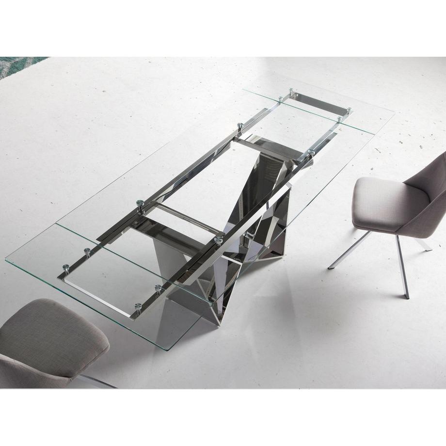 ANGEL CERDA Table à manger à rallonge rectangulaire verre trempé et acier chromé  