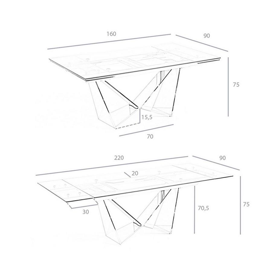 ANGEL CERDA Table à manger à rallonge rectangulaire verre trempé et acier chromé  