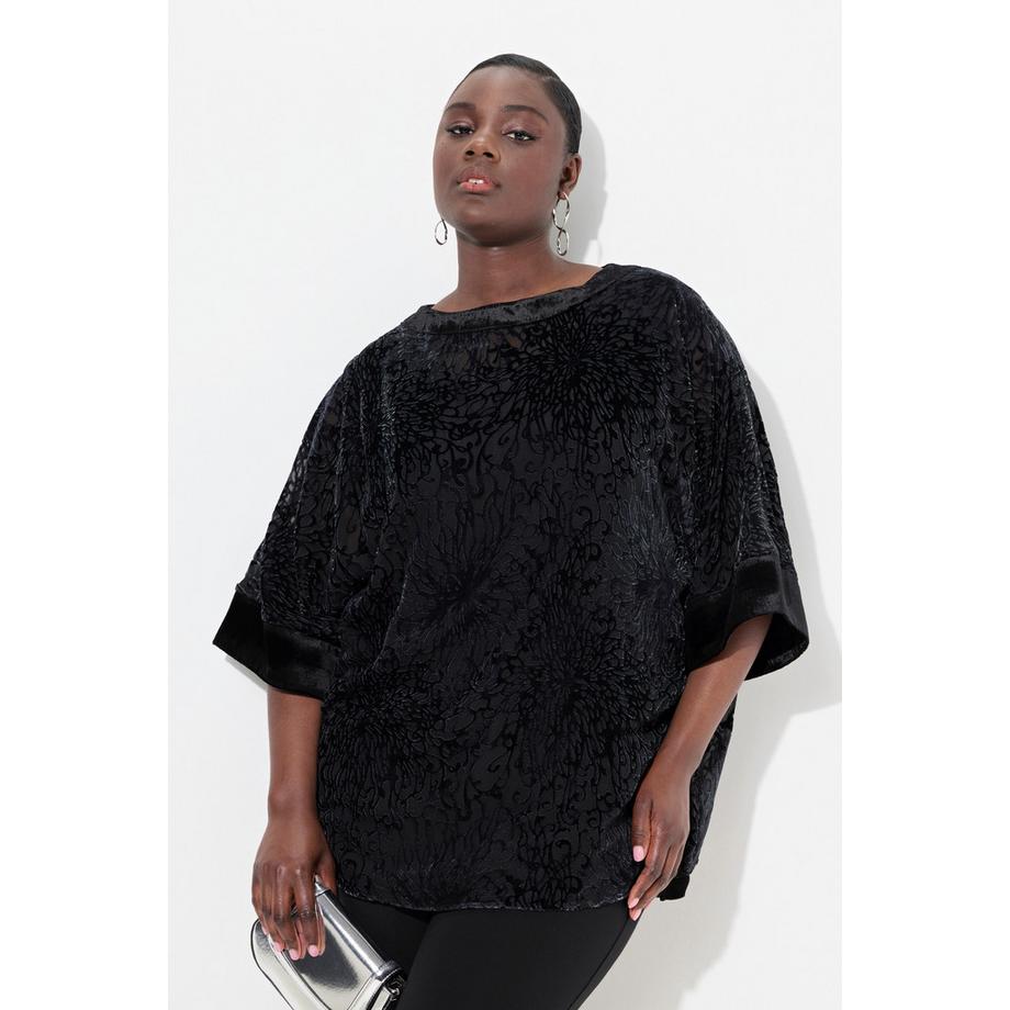 Ulla Popken Blusa Oversize Velluto Dévoré Scollo Girocollo Mezze Maniche  