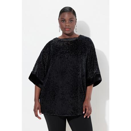 Ulla Popken  Blusa dal taglio oversize in velluto dévoré con scollo a girocollo e mezze maniche 