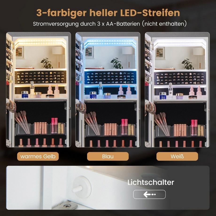 Schmuckschrank mit Spiegel Spiegelschrank abschließbar mit 3 farbigen LED Beleuchten