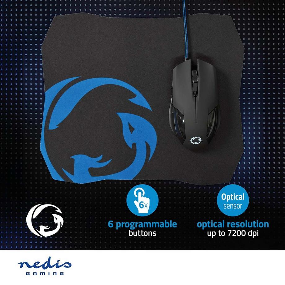 Nedis  Gaming-Maus und Mauspad-Set | Verkabelt | 1200 / 2400 / 4800 / 7200 dpi | Einstellbare DPI | Anzahl der Tasten: 6 | Rechtshänder | 1,50 m | Ohne Beleuchtung 