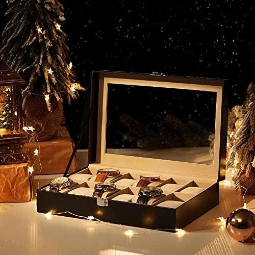 Pricenet  Luxuriöse Uhrenbox mit 12 Fächern, Glasdeckel und Samtfutter 