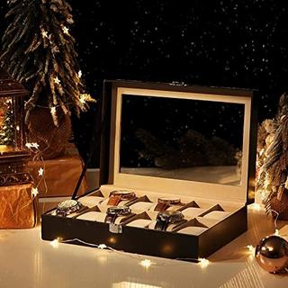 Pricenet  Luxuriöse Uhrenbox mit 12 Fächern, Glasdeckel und Samtfutter 