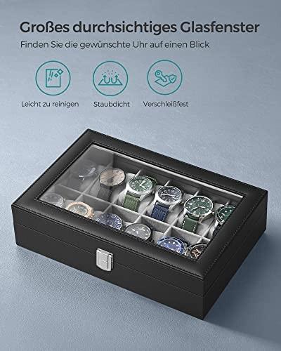 Pricenet  Luxuriöse Uhrenbox mit 12 Fächern, Glasdeckel und Samtfutter 