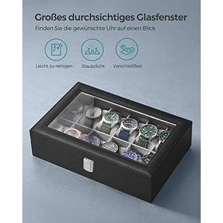 Pricenet  Luxuriöse Uhrenbox mit 12 Fächern, Glasdeckel und Samtfutter 