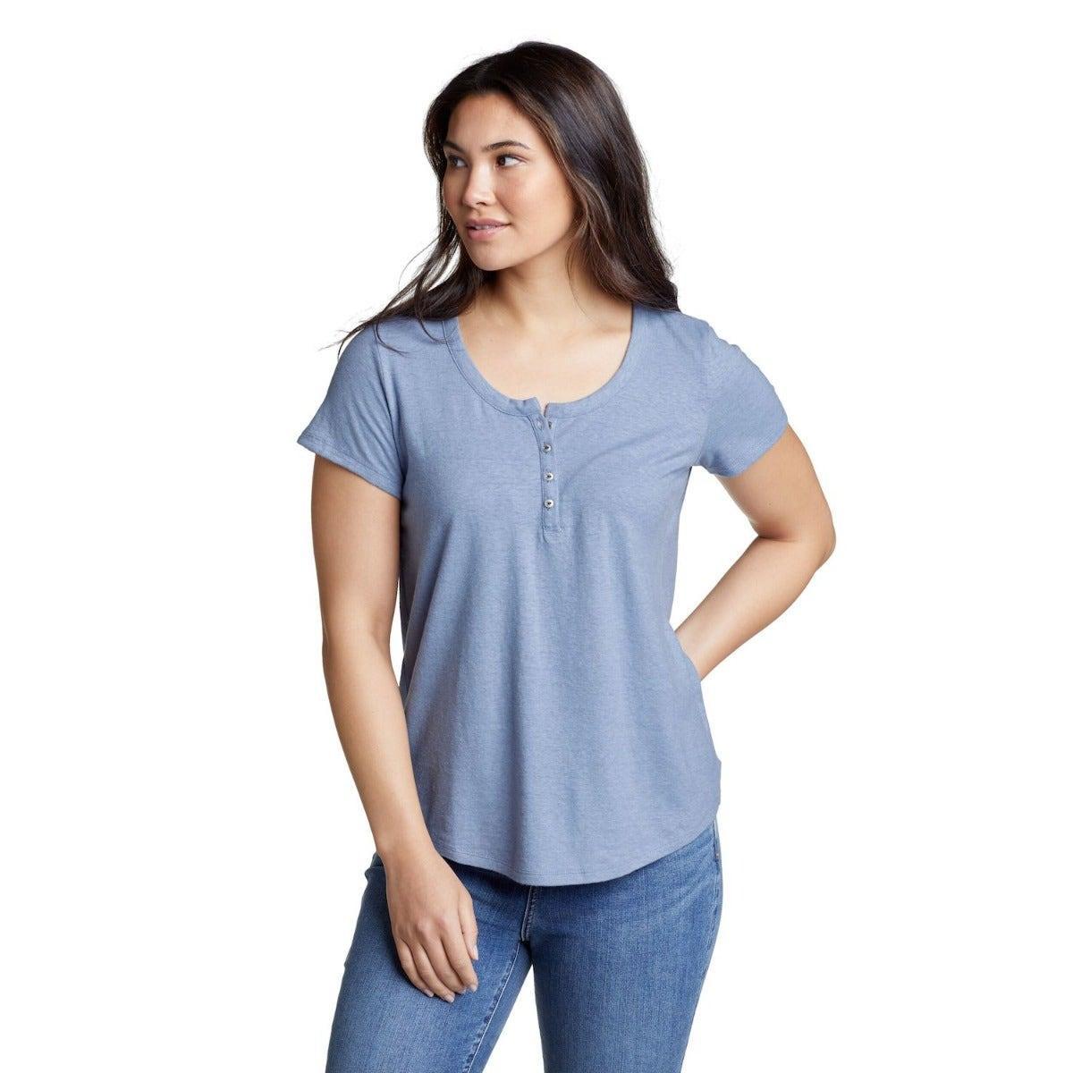 Image of Hemplify Tshirt Henleykragen Kurzärmlig Damen Blau XL