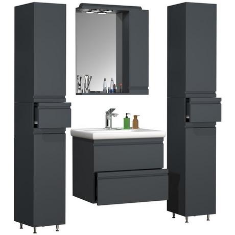 VCM 5-tlg. Waschplatz Waschtisch 60 cm Badmöbel Set Waschbecken grifflose Schublade Spiegelschrank Hochschrank Silora L  