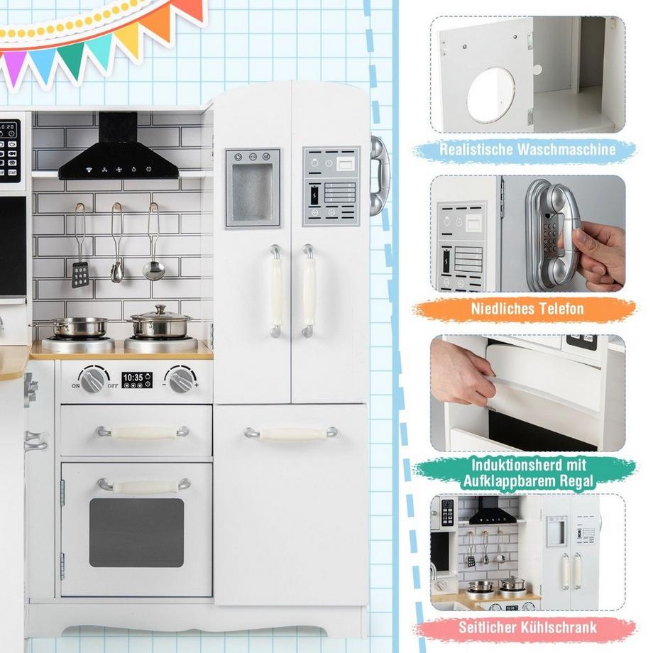 Northix  Cuisine d'angle pour enfants, cuisine de jeu en bois avec poêle 82 x 66 x 88 cm blanc 