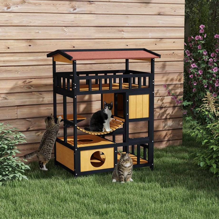 Northio  Niche pour chat en bois avec plates-formes, pont suspendu, maison pour chat jusqu'à 2 chats, utilisation intérieure et extérieure, jaune 