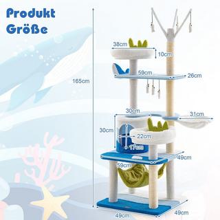 B2X  Tiragraffi con motivo marino con pali in sisal, cuccia per gatti, sedili e amaca blu 