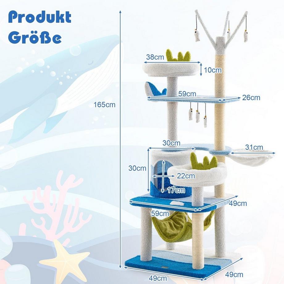 B2X  Arbre à chat au motif marin avec poteaux en sisal, grotte pour chat, sièges et hamac bleu 