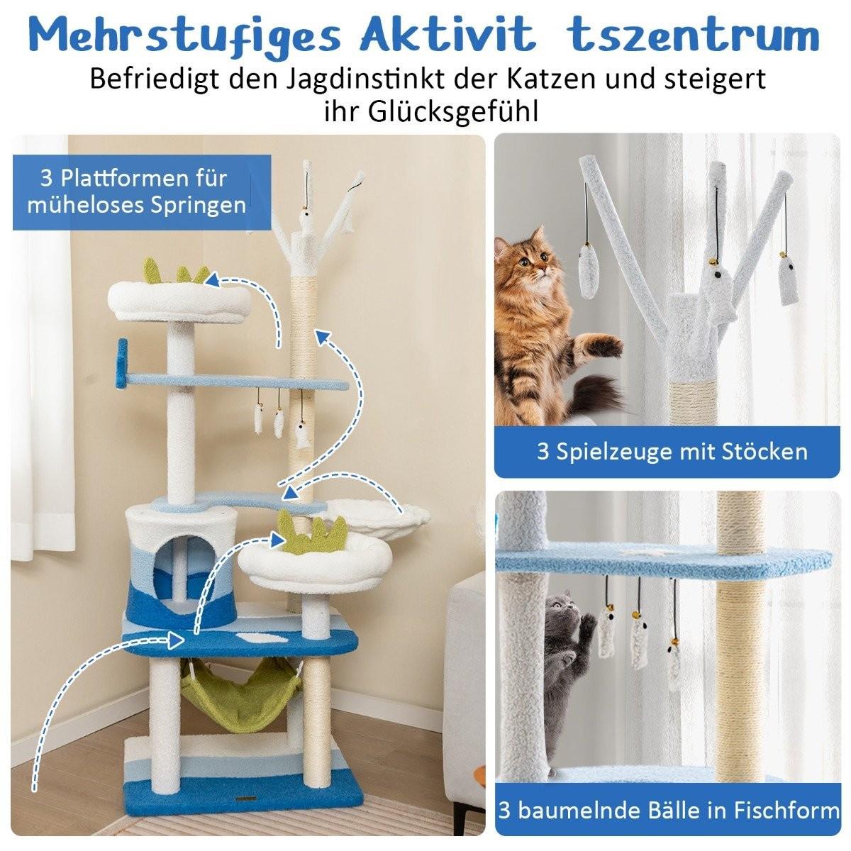 B2X  Tiragraffi con motivo marino con pali in sisal, cuccia per gatti, sedili e amaca blu 