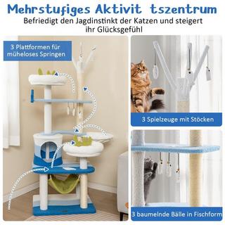 B2X  Tiragraffi con motivo marino con pali in sisal, cuccia per gatti, sedili e amaca blu 