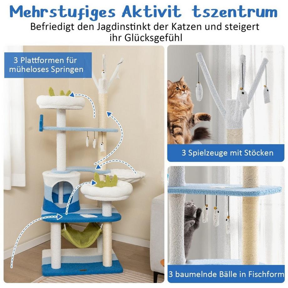 B2X  Arbre à chat au motif marin avec poteaux en sisal, grotte pour chat, sièges et hamac bleu 