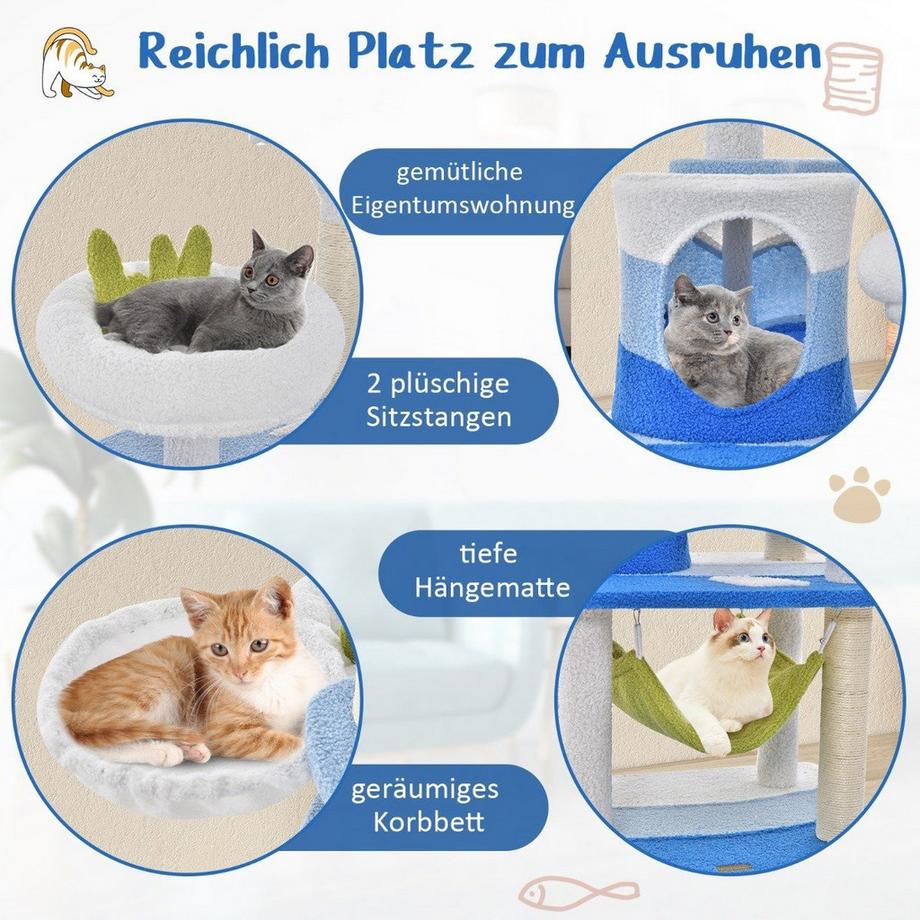 B2X  Arbre à chat au motif marin avec poteaux en sisal, grotte pour chat, sièges et hamac bleu 