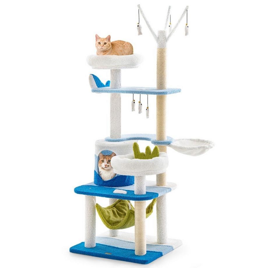 Arbre à chat au motif marin avec poteaux en sisal, grotte pour chat, sièges et hamac bleu