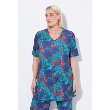 Maglia dal taglio lungo e svasato con palme, scollo a V e mezze maniche