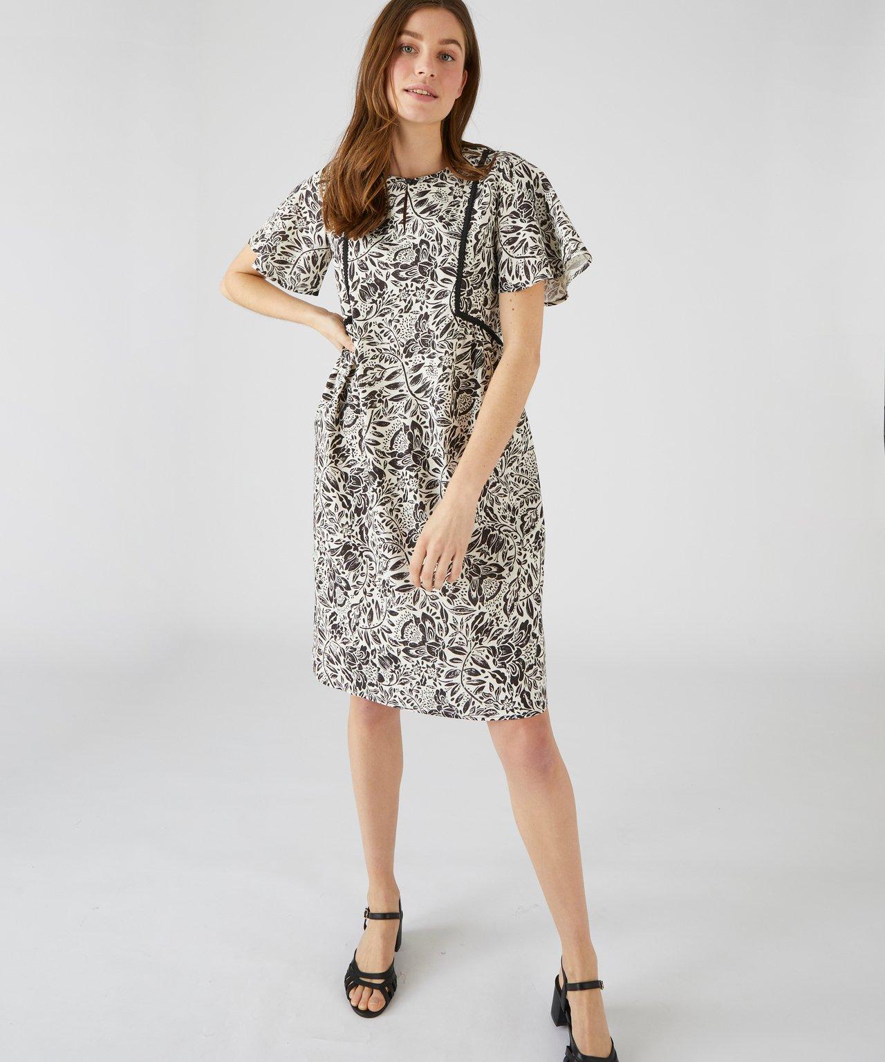 Image of Bedrucktes Kleid Aus Leinenmix, Abgepasste Makaramee-borte Vorn, Schmetterlingsärmel. Damen Schwarz 42