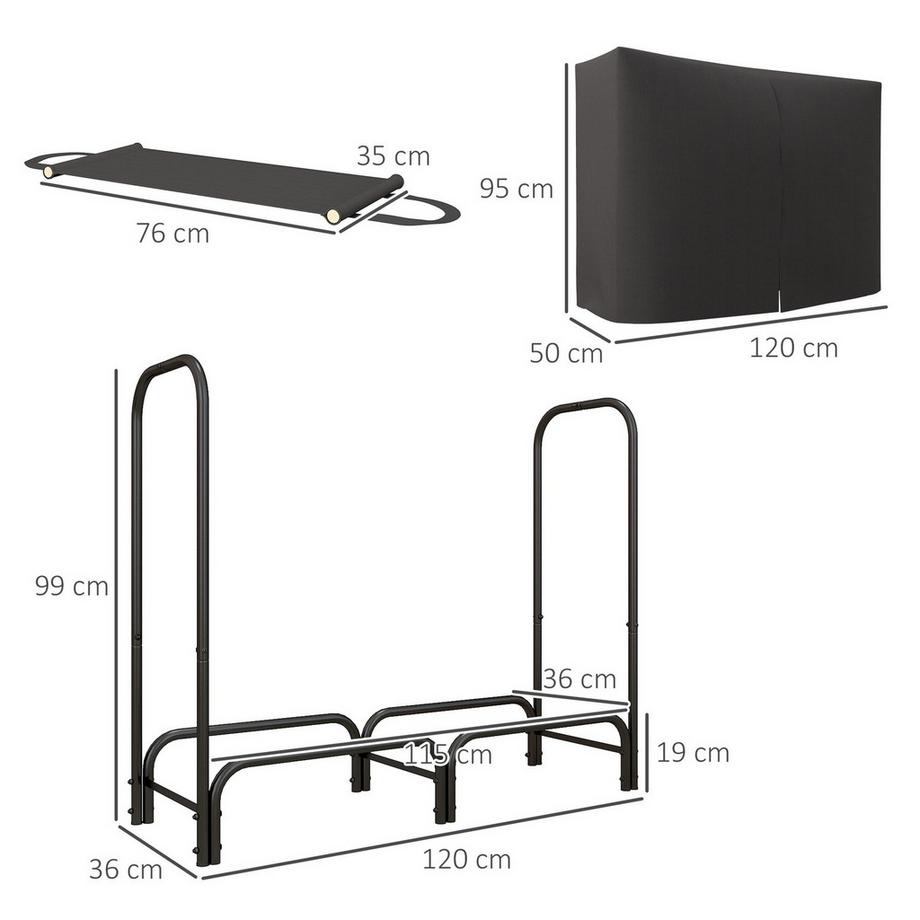 Northio Feuerholzgestell, 0,33 m³, mit Tragetasche & Abdeckung, Metallrahmen, bis 150 kg, 120 x 36 x 99 cm, Schwarz  