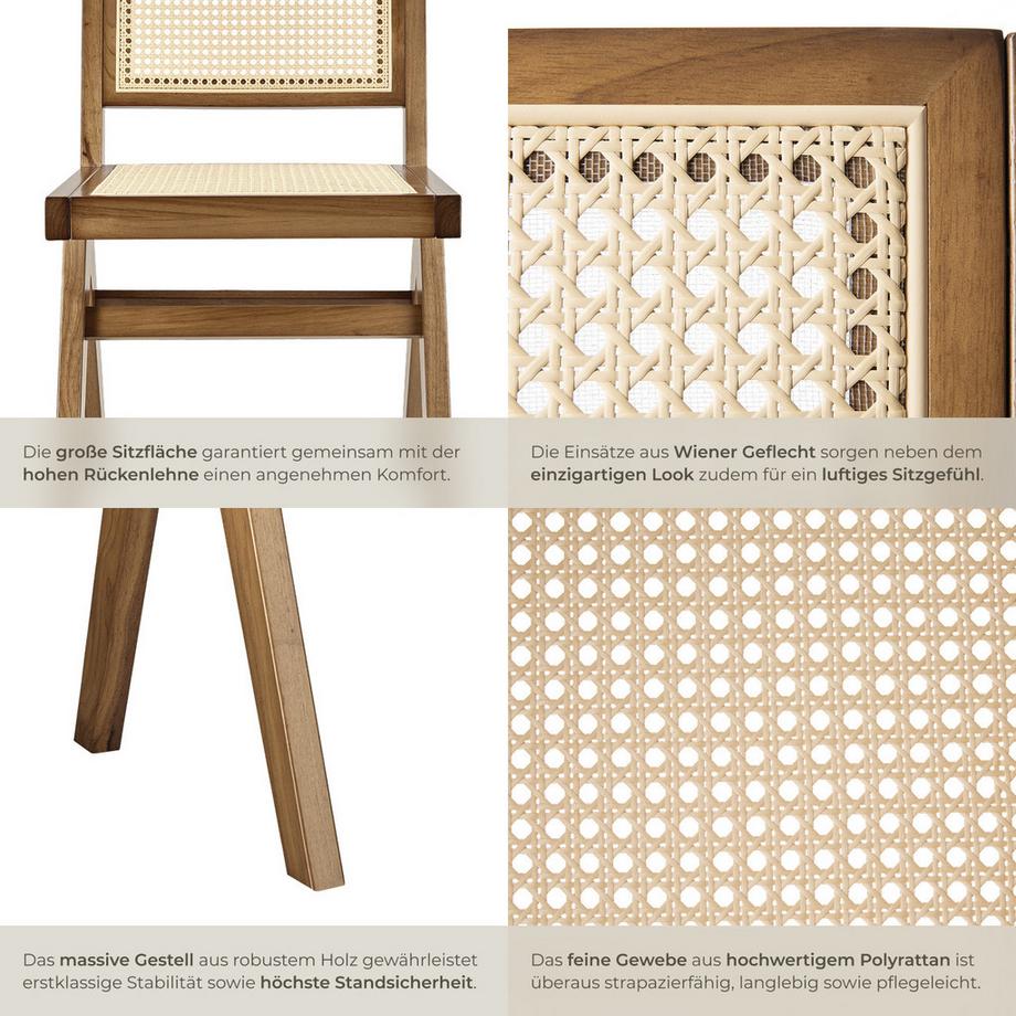 Tectake Holzstuhl Lissy Boho-Stil große Rückenlehne und Sitzfläche mit Wiener Geflecht  