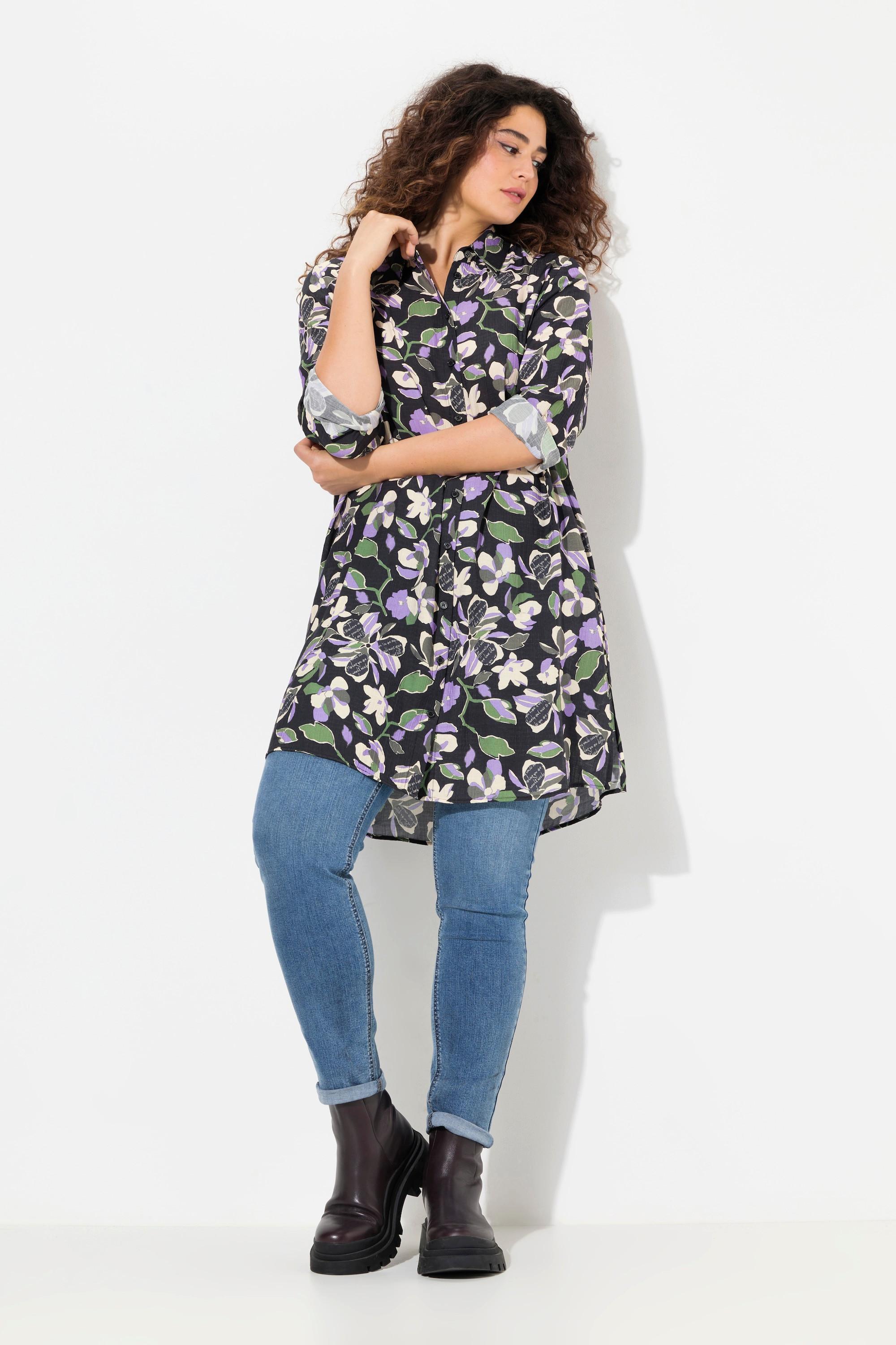 Ulla Popken  Blusa dal taglio lungo e svasato con fiori, colletto da camicia e maniche lunghe 