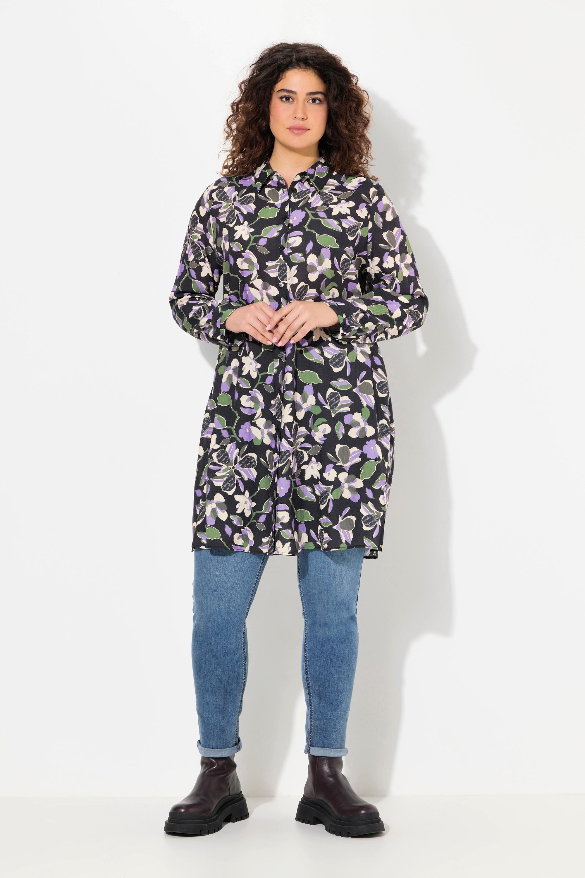 Ulla Popken  Blusa dal taglio lungo e svasato con fiori, colletto da camicia e maniche lunghe 