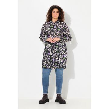 Blusa dal taglio lungo e svasato con fiori, colletto da camicia e maniche lunghe