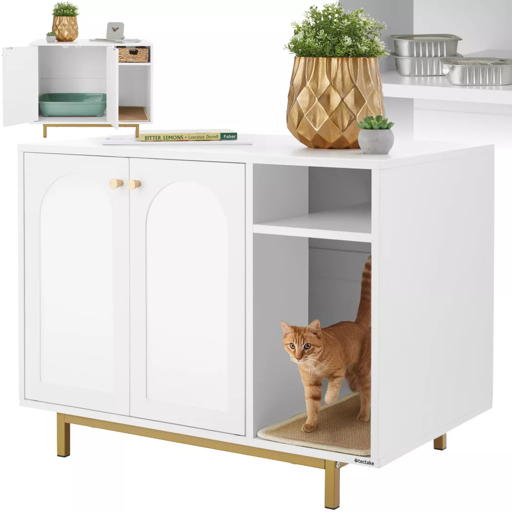 tectake® Katzenschrank, seitlicher Eingang, hohe Beine, kleines Staufach, inklusive Kratzmatte, 80 x 52 x 61,5 cm