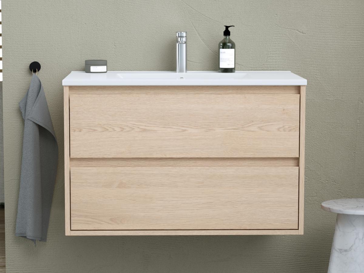 Vente-unique Waschbeckenunterschrank hängend mit Einbauwaschbecken - 80 cm - Eichenholzfurnier - MILIPAM  