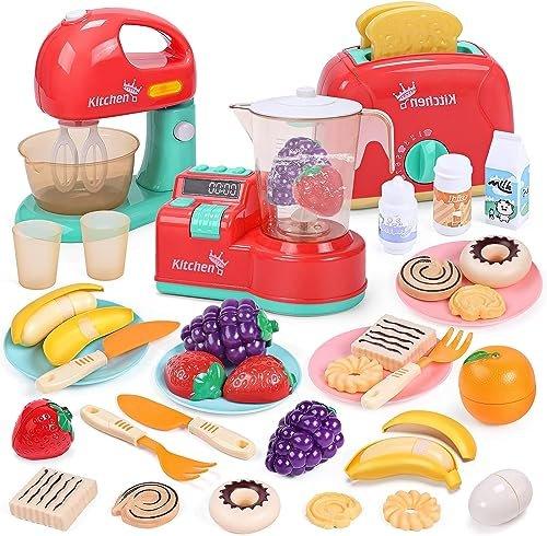 Image of Spielzeug Küchenwerkzeuge Spielset, Kinder Küche Spielzeug Mixer und Mixer mit Sound und Licht, spielen Toaster, Schneiden spielen Lebensmittel, Kleinkind spielen Küche Zubehör Set Multicolor