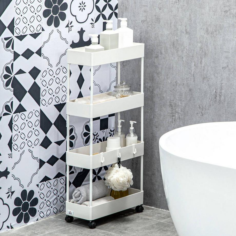 Northio Rollwagen Küchenregal Mit 4 Ebenen, Aufbewahrungsregal Mit Rollen & Bremsen, Weiß  