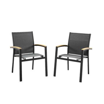 Lot de 2 fauteuils de jardin empilables en aluminium textilène accoudoirs acacia TAIPIVAI