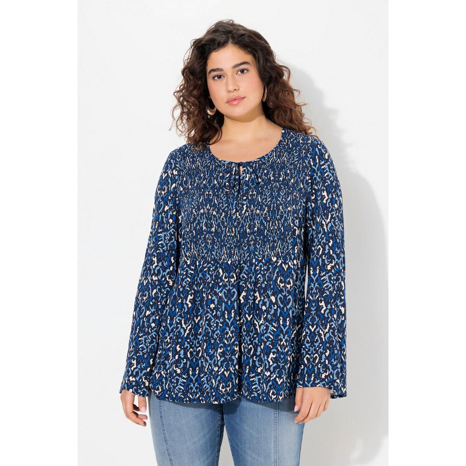 Ulla Popken Blouse smockée col rond manches longues évasées  