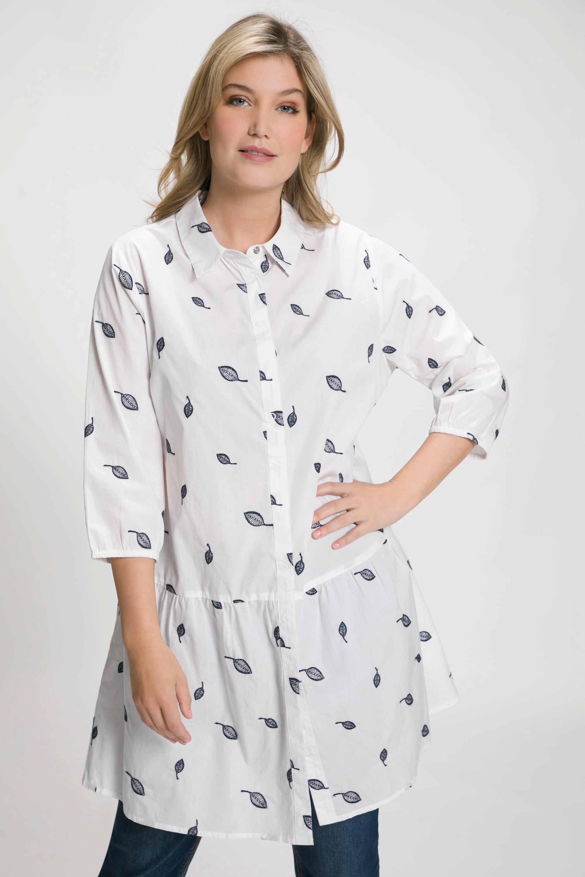 Ulla Popken  Bluse, Blätterstickerei, A-Linie, Hemdkragen, 3/4-Arm 