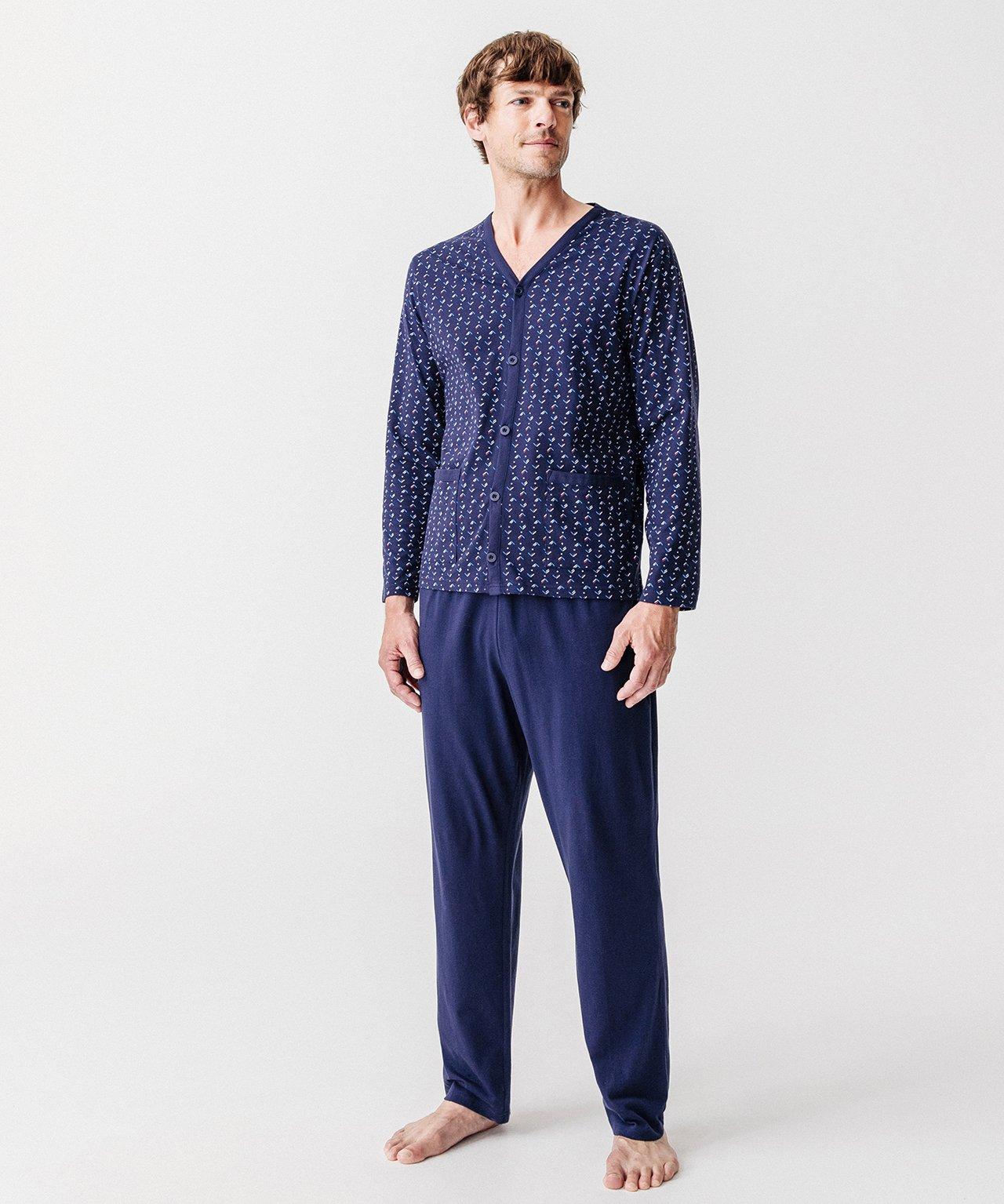 Image of Geknöpfter Jersey-pyjama Aus Reiner Gekämmter Baumwolle. Unisex Blau S