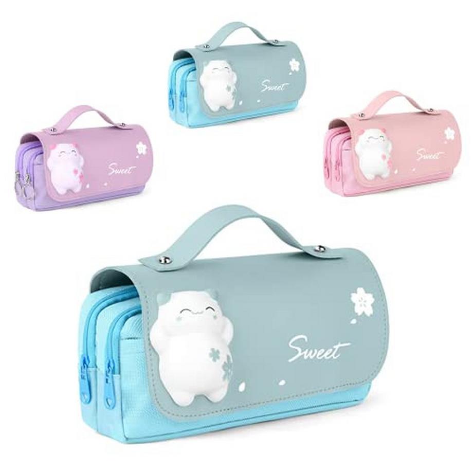 Trousse à crayons avec 3 compartiments, trousse à crayons, boîte à crayons, sac à papeterie