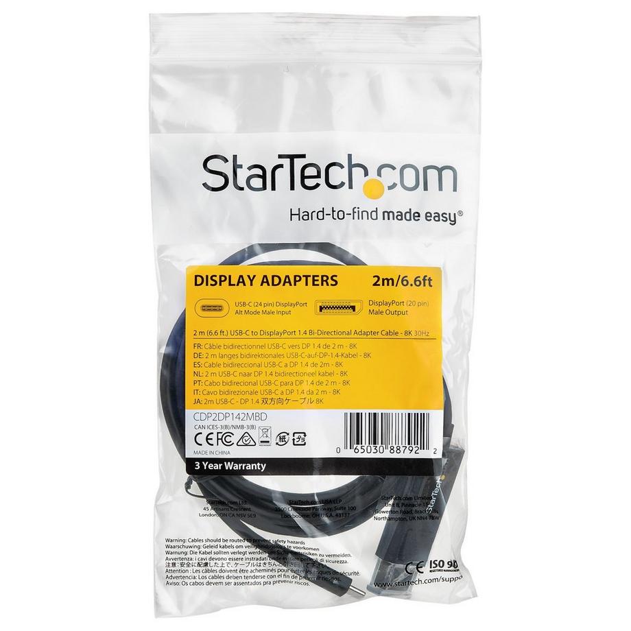 STARTECH.COM  StarTech.com Cavo da USB C a DisplayPort 1.4 da 2m - Cavo 8K 60Hz/4K - Cavo adattatore video bidirezionale da DP a USB-C o da USB-C a DP -HBR3/HDR/DSC - Cavo monitor USB tipo C/TB3 