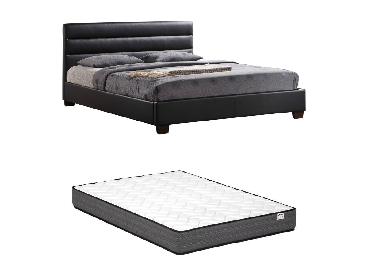 Vente-unique Lit 140 x 190 cm - Simili - Noir + Matelas - FAUSTIN  