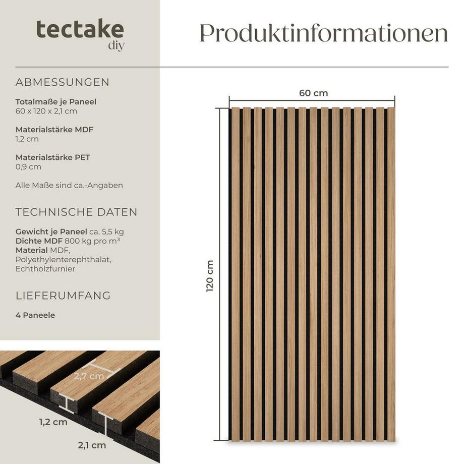 Tectake Akustikpaneele Sonic Wall Holzoptik in Eiche schallabsorbierender Filz - 4er Set  