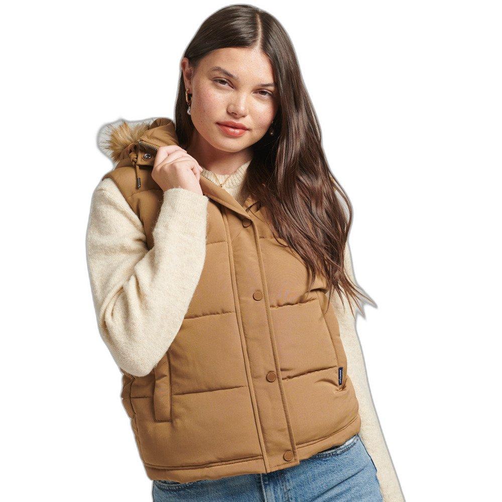 Superdry  ärmelloe daunenjacke mit kuntpelz für en uperdry everet 