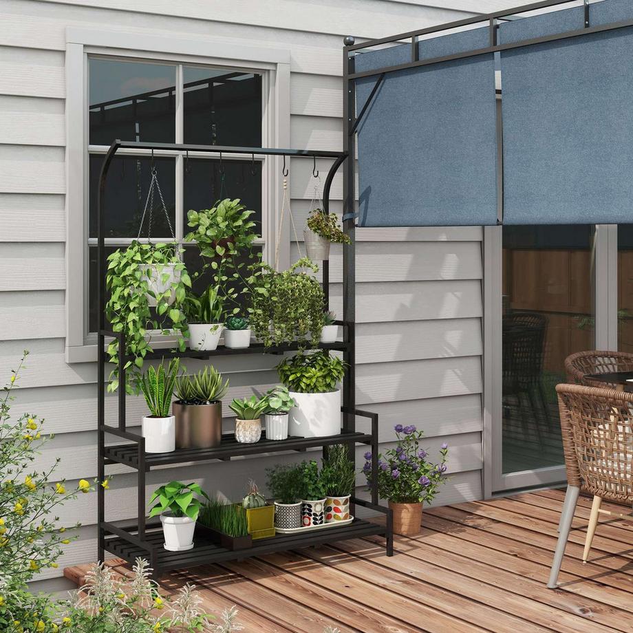 Northio Portafiori per piante con 3 livelli e 6 ganci, scale per piante in acciaio nero, 110x50x170 cm per giardino e balcone  