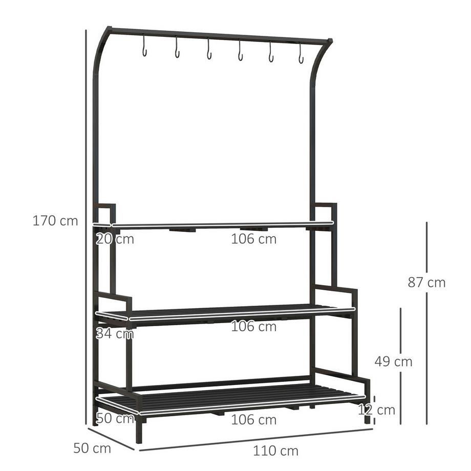 Northio Portafiori per piante con 3 livelli e 6 ganci, scale per piante in acciaio nero, 110x50x170 cm per giardino e balcone  