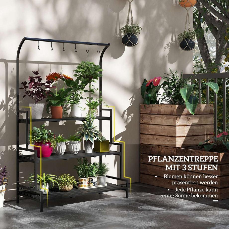 Northio Portafiori per piante con 3 livelli e 6 ganci, scale per piante in acciaio nero, 110x50x170 cm per giardino e balcone  